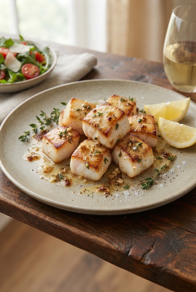 Pan-Seared Monkfish Chunks in Garlic Butter