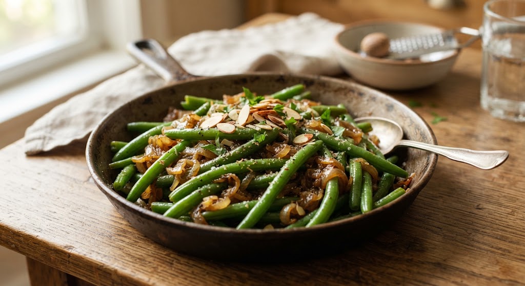 Green Beans,Caramelized Onions and Nutmeg.