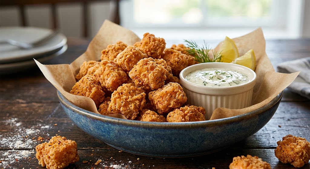 Crispy Spiced Salmon Popcorn with a tangy Lemon-Herb Dipping Sauce.