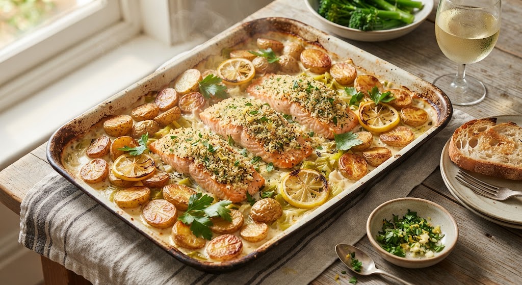 Luxury Creamy Salmon & Crispy Potato Tray Bake
