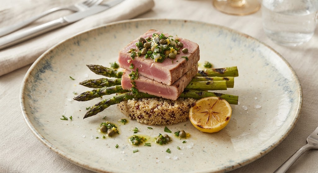 Lemon-Herb Tuna Steaks with Asparagus & Quinoa