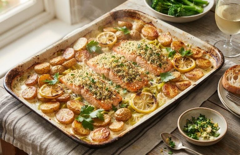 Luxury Creamy Salmon & Crispy Potato Tray Bake
