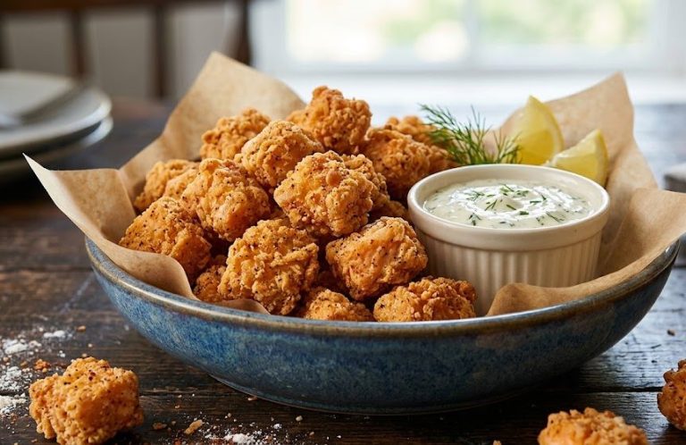 Crispy Spiced Salmon Popcorn &  Lemon-Herb Dipping Sauce.